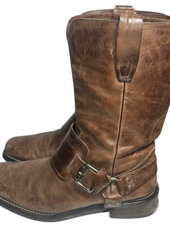 John Varvatos Men’s Size 9.5 Brown Rugged Leather Harness Pull On Biker Boots - Picture 5 of 11